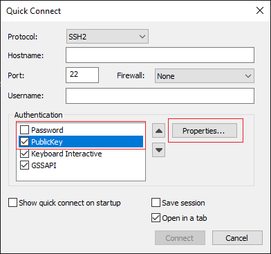 Paramètres d'authentification Putty