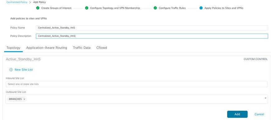 Click New Site List, Choose the Branches List for the Outbound Site List and Click Add