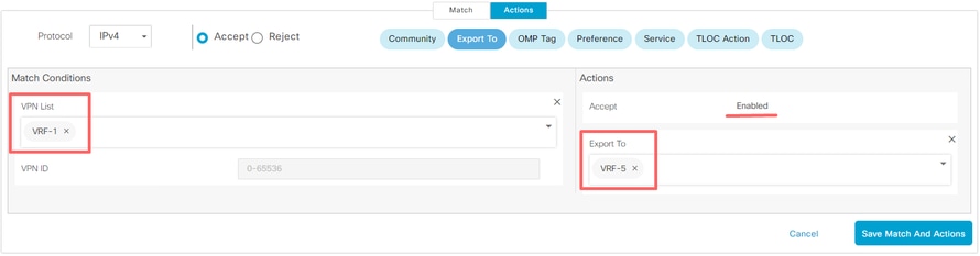 Esportazione delle informazioni di routing per VRF 1 in VRF 5