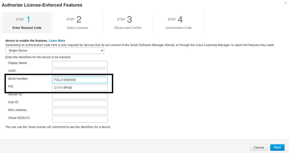 Enter Serial Number and PID