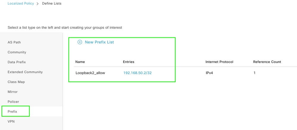 Localized Policy Custom Prefix List