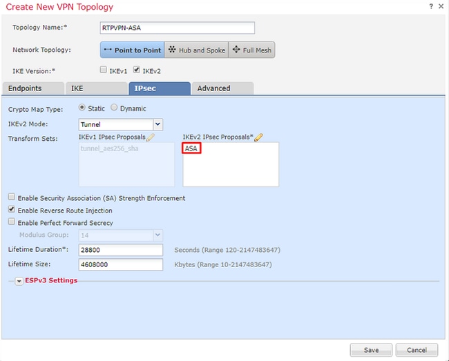 Cisco Firepower VPN Configuration - Configure IPsec - Edit lifetime duration and enable or disable PFS