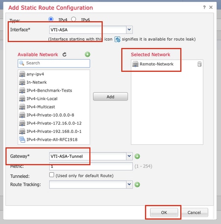 Selected Network, Interface and Gateway