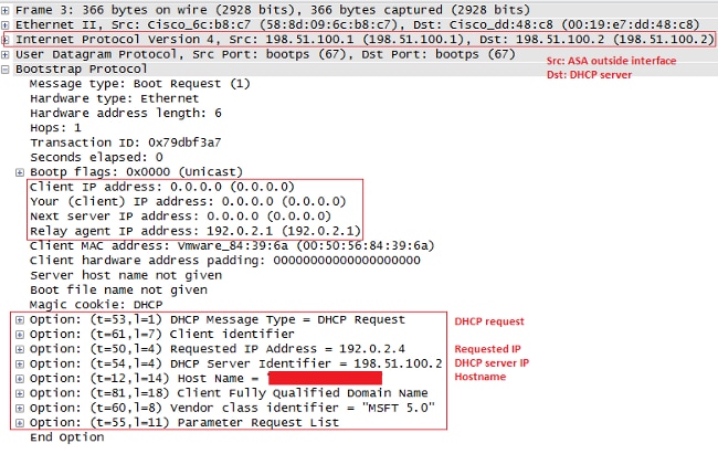 ASA가 DHCP 서버에 DHCPREQUEST 전달