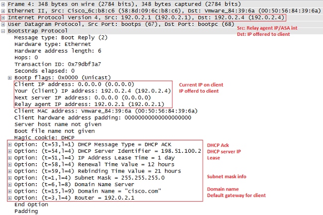 ASA가 DHCP 서버에서 DHCPACK을 사용자에게 전달하여 트랜잭션을 완료합니다.