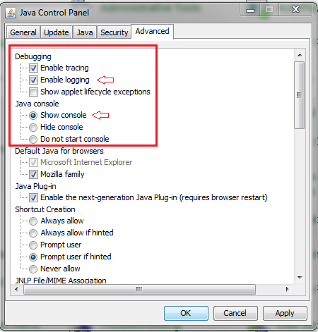 Java Control Panel - Debugging and Show Console