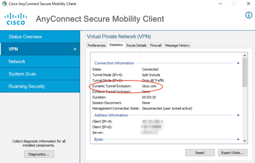 Verificar estatísticas do AnyConnect Client