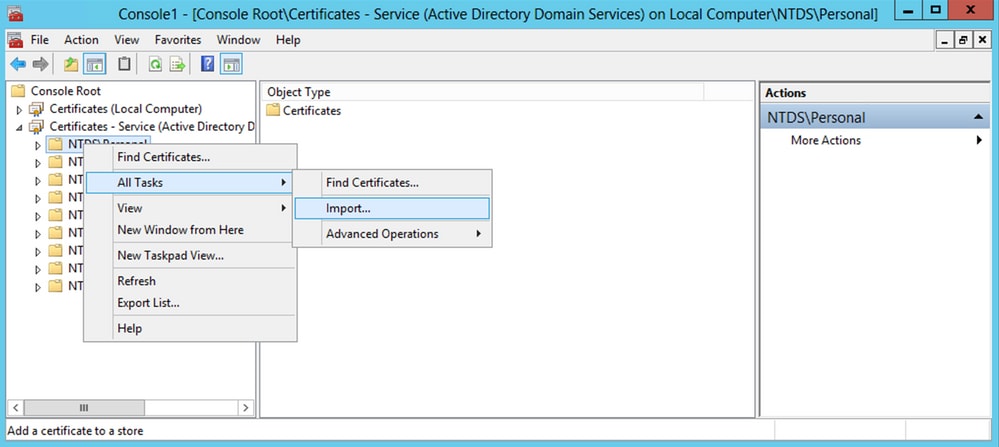 Importación de certificados en NTDS\Personal