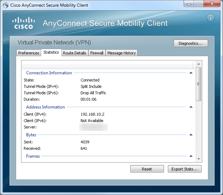 Scheda Statistiche di AnyConnect Secure Mobility Client