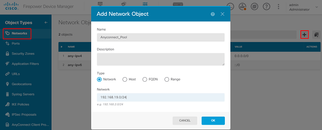 إنشاء تجمع VPN لتعيين العنوان المحلي في واجهة المستخدم الرسومية (GUI) ل FDM