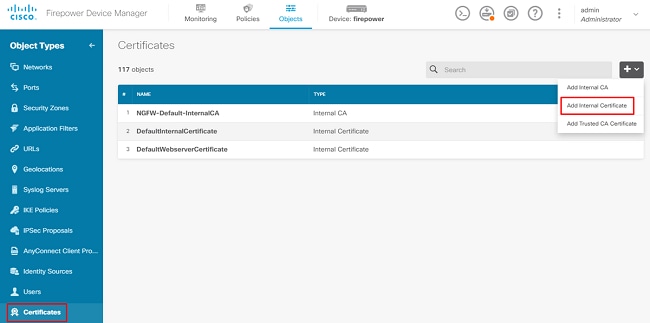 Konfigurieren des internen Zertifikats in der FDM-GUI