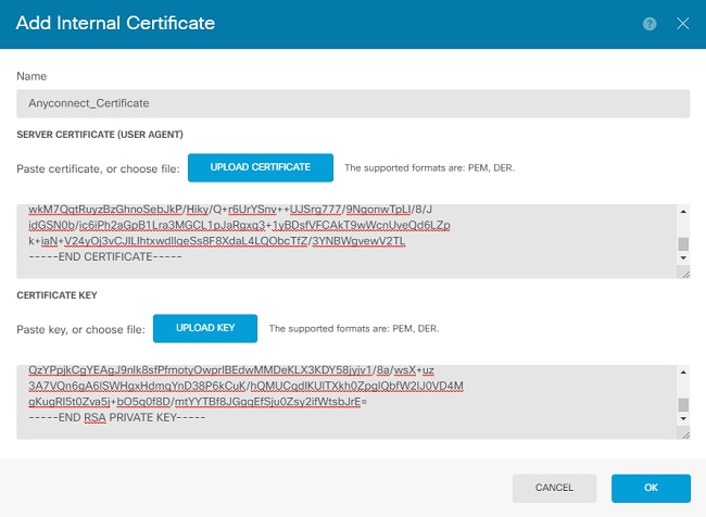 Certificaat en sleutel uploaden via Copy-Paste of Upload Button in FDM GUI