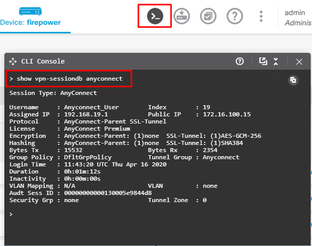 مراقبة مستخدمي AnyConnect عبر CLI في واجهة المستخدم الرسومية (GUI) ل FDM