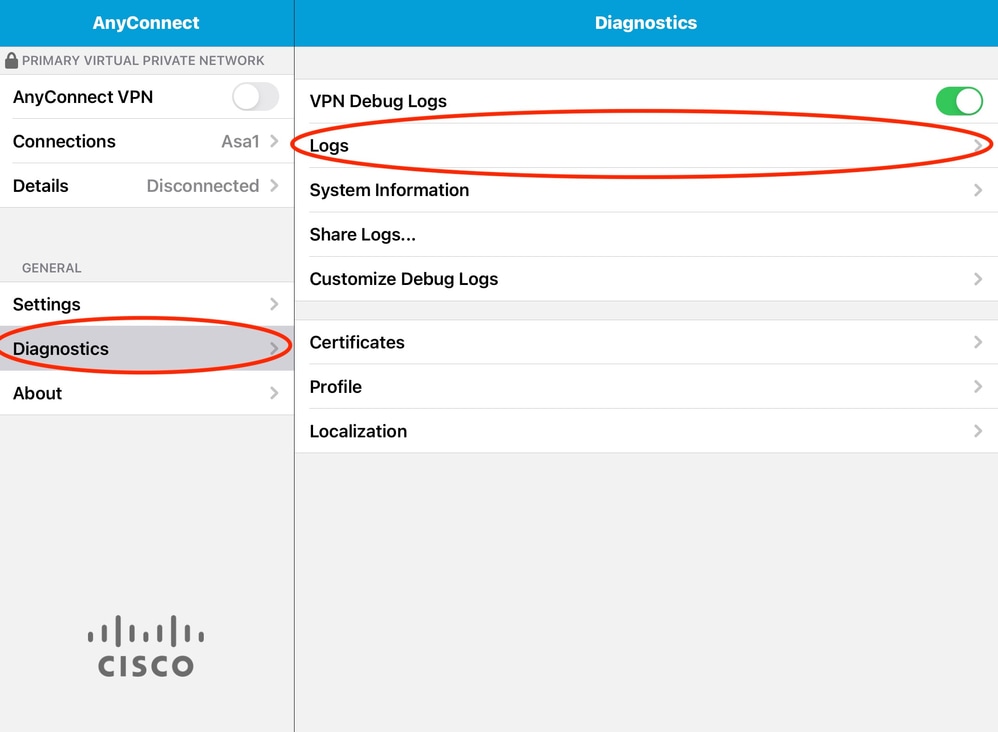 Graphical User Interface, Application AnyConnect. Image of Diagnostics Page.