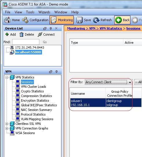 Display the current sessions in the ASA