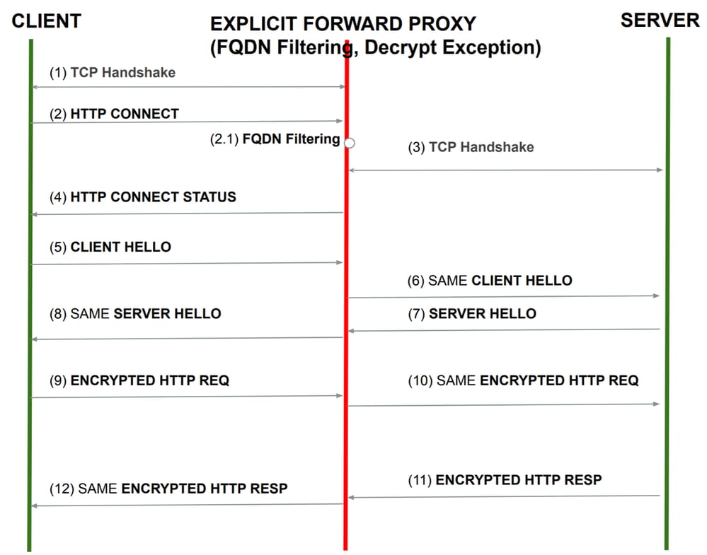 Afbeelding - expliciete voorwaartse proxy (met uitzondering van decryptie)-stroom