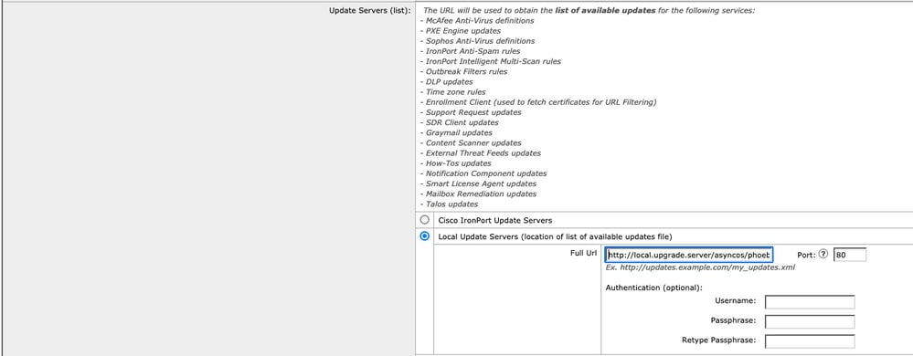 Mises à niveau AsyncOS de l'appareil de sécurité Web (WSA) et de l'appareil de sécurité de la messagerie Cisco (ESA) - Paramètre d'URL de base