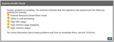 System Health Check tool with an example of analysis results that show potential upgrade issues