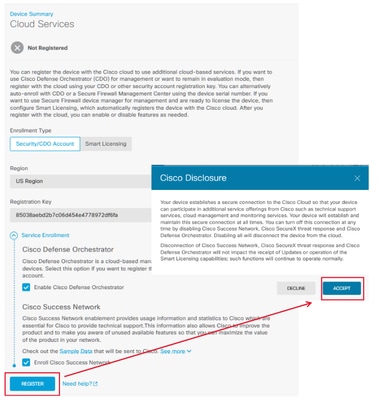 Register and Accept Cisco Disclosure(Cisco 공개 등록 및 수락)를 선택합니다.