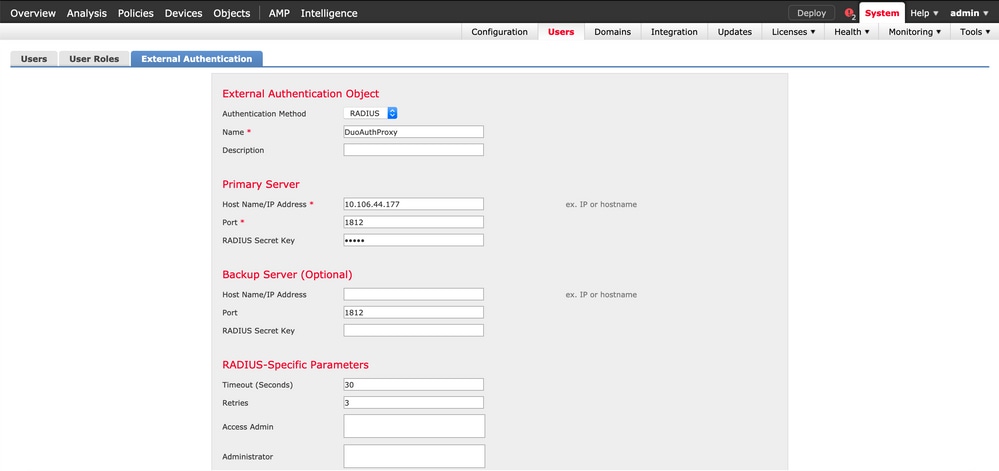 Create an External Authentication Object and Set the Authentication Method as RADIUS