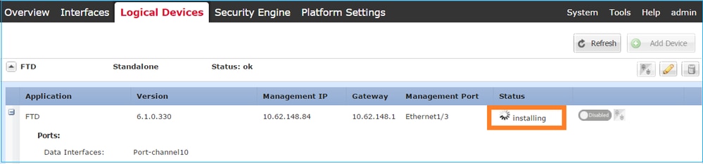 Table Data Shown for Configuration