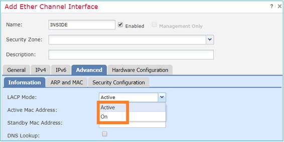 Advancedタブでモード（LACP ActiveまたはON）を設定する