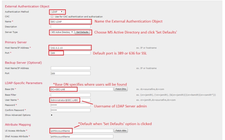 Remplissez les champs obligatoires pour la configuration de l'authentification externe dans Cisco FMC et FTD