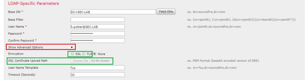 Configuration des options avancées SSL/TLS pour les objets d'authentification externe dans Cisco FMC