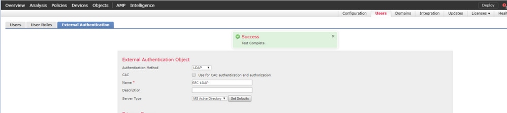 Tester la configuration d'un objet d'authentification externe dans Cisco FMC