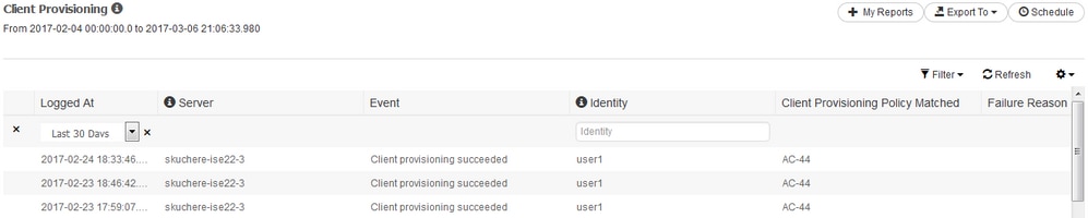 Position de Cisco ISE - Rapport de provisionnement du client