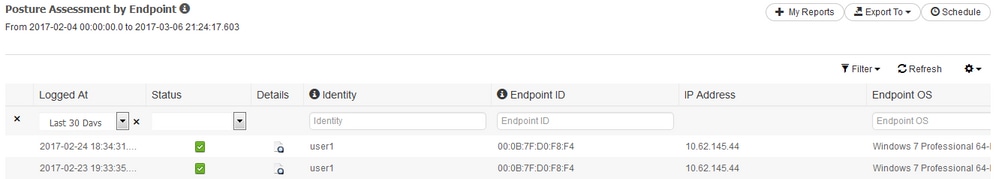 Cisco ISE Posture (وضعية محرك خدمات الهوية (ISE)) - تقرير تقييم الوضع حسب نقطة النهاية