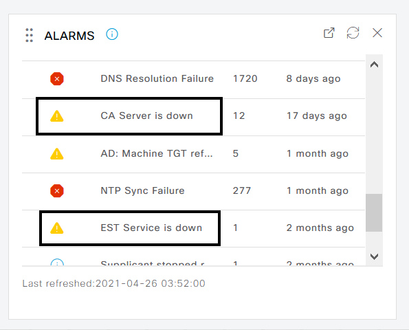 Alarme relative aux services CA et EST