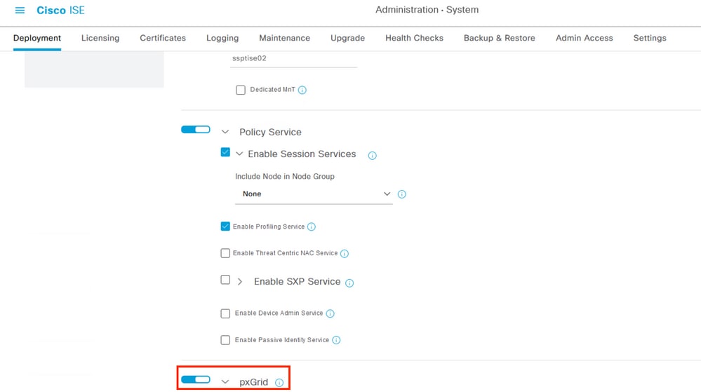 Enabling ISE pxGrid services in a node.