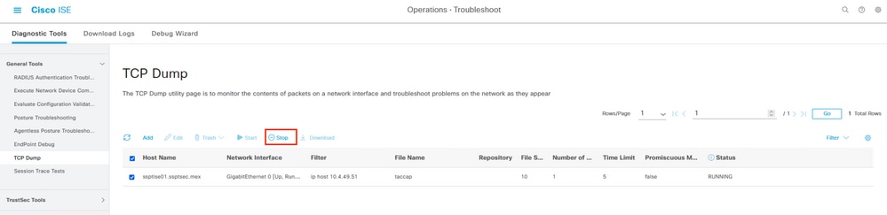 Stoping a packet capture on ISE.