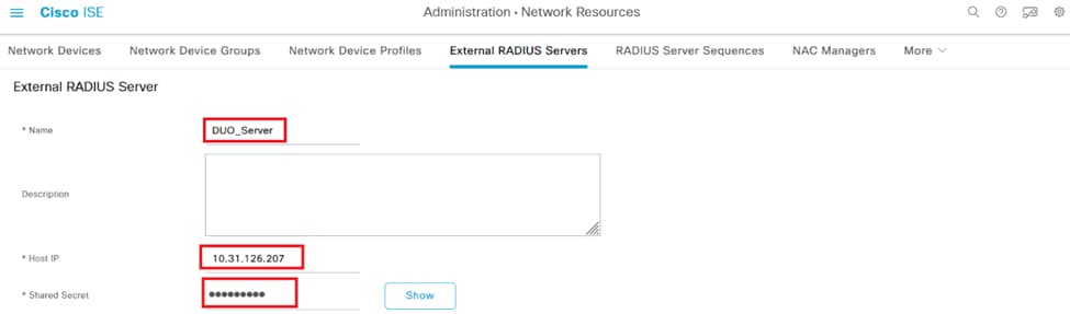 تفاصيل خوادم RADIUS الخارجية