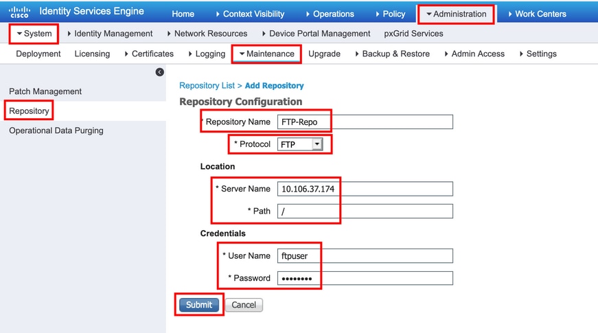 Typ Configuration Parameters voor een FTP-opslagplaats en klik op Indienen