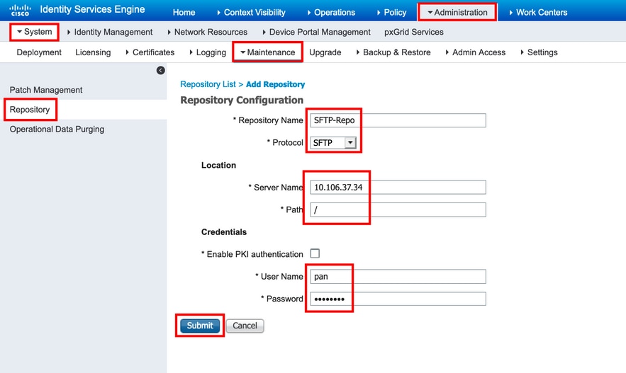 Enter Configuration Parameters for an SFTP repository and click Submit