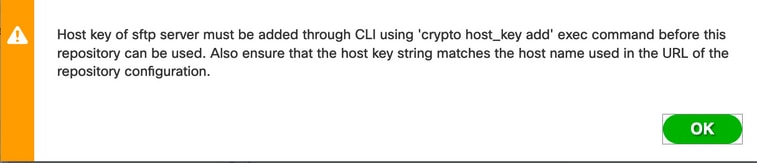 مطالبة الرسالة باستخدام CLI لإضافة مفتاح مضيف خادم SFTP