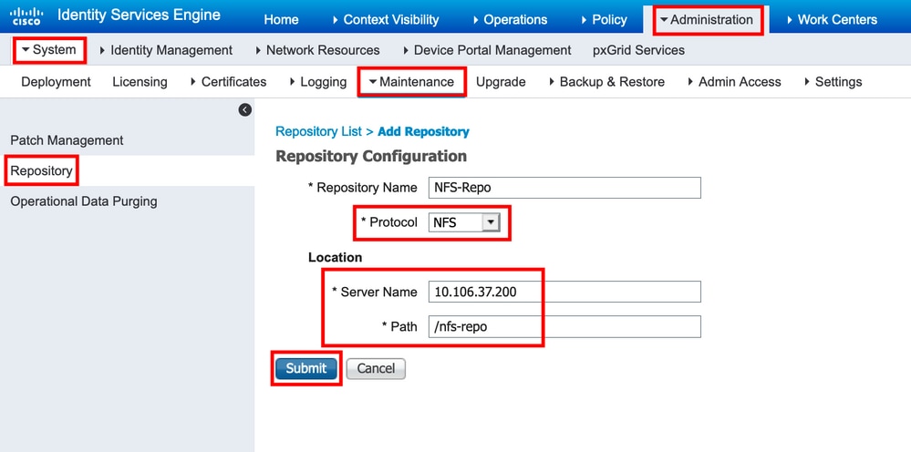 Introduzca los parámetros de configuración para un repositorio NFS y haga clic en Enviar