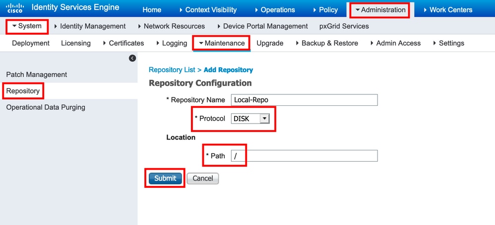 Introduzca los parámetros de configuración para un repositorio local y haga clic en Enviar