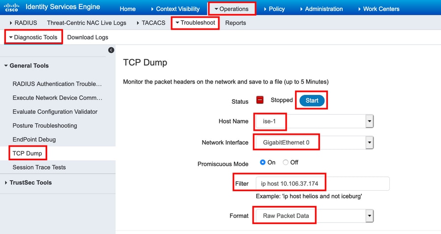 إدخال معلمات تفريغ TCP