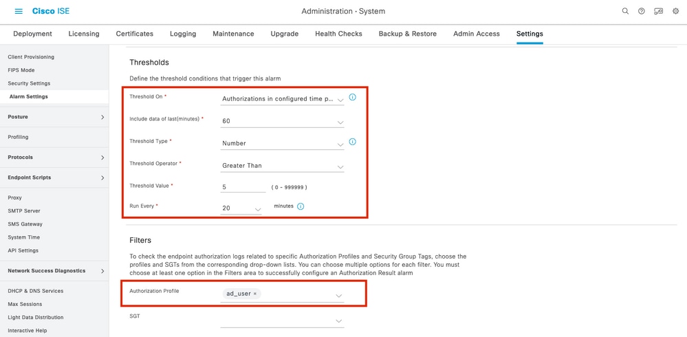 ISE 3.1 Alarms Based on Authorization Results - Configure Alarm Threshold