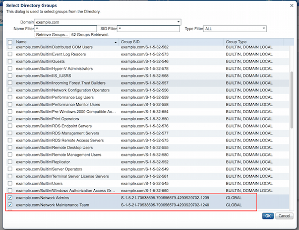 Active las casillas de verificación Network Admins AD Group y Network Maintenance Team AD Group