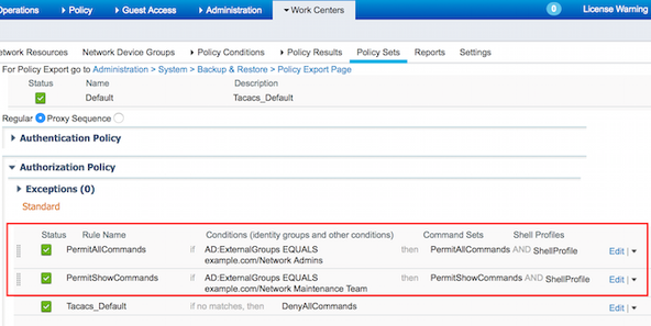 Deux règles d'autorisation sont configurées : PermitAllCommands et PermitShowCommands