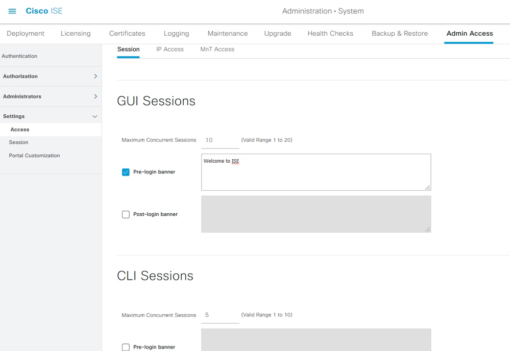 Admin Login GUI Sessions Settings