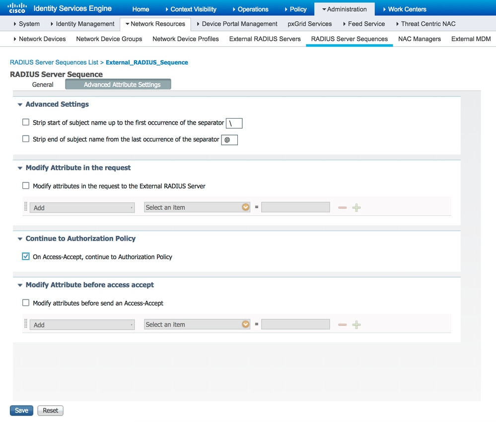 Configuración de parámetros de atributos avanzados para proxy de solicitudes a servidores RADIUS externos en ISE