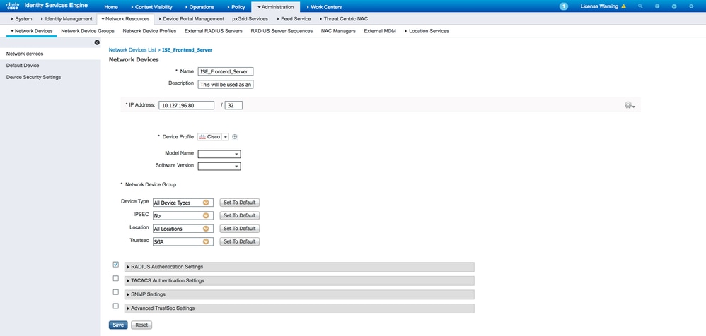 تكوين خادم ISE FrontTend كجهاز شبكة ل ISE_Backend_Server (خادم RADIUS الخارجي)