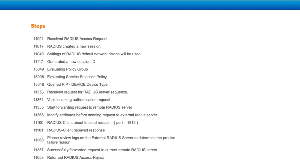 Troubleshoot Authentication Failure on External RADIUS Server and Access-Reject Response