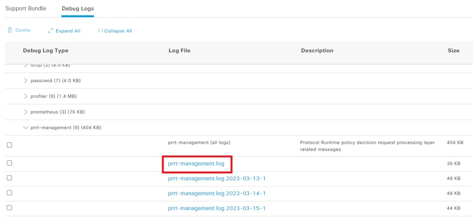 Se muestra una lista completa de los registros de depuración disponibles