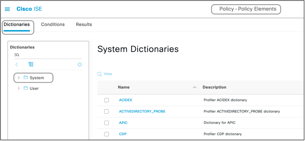 Diccionarios del sistema Cisco ISE